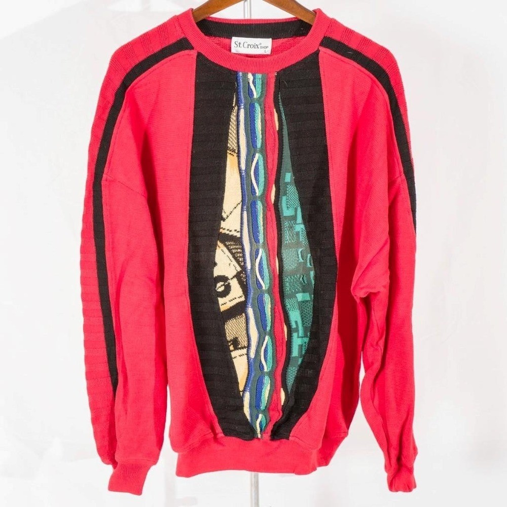 St. Croix Knits Vintage Mens L Colorful Textured Knit Sweater USA Made 1990's